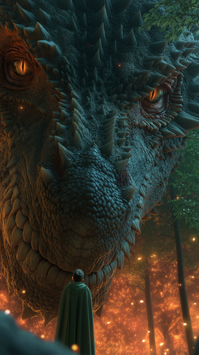 An intense encounter deep within a forest. A colossal dragon with orange eyes, rugged scales, and sharp spines dominates the scene as it looms over a solitary, cloaked figure. The figure, small yet resolute, stands amid towering trees as a warm, fiery light engulfs the dense canopy, and stray embers drift in the air, amplifying the mystical atmosphere.