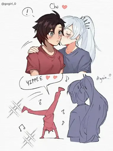 Weiss kissed Ruby on the cheek who then precedes to do a handstand shouting "Yippee" with Weiss looking on saying "Again…?"