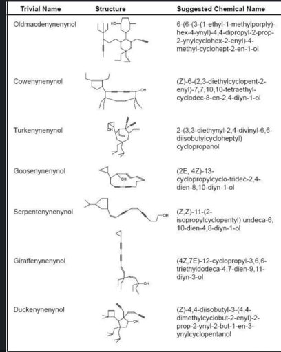 A table showing the actual IUPAC names and made up "common" names of chemicals in the shape of animals. The "common" names are things such as Goosenynenynol