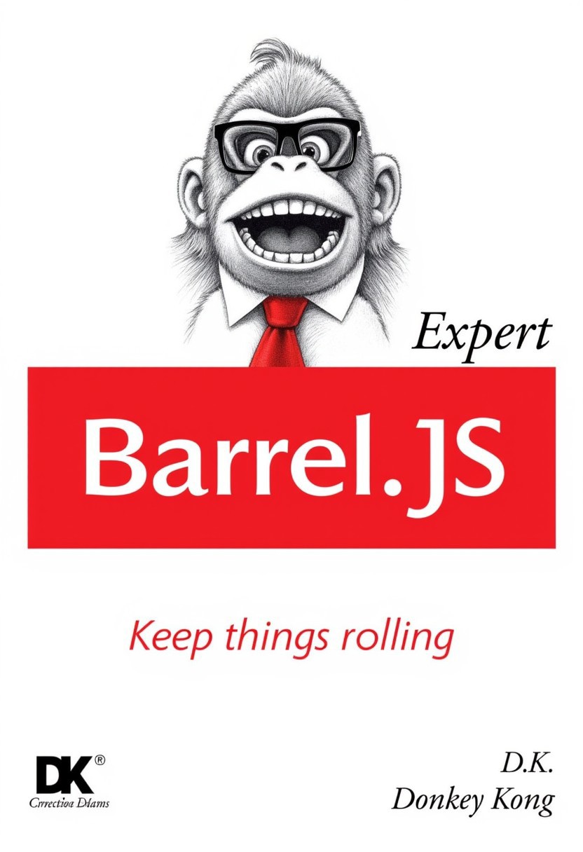 A book cover with a smiling gorilla’s head at the top wearing glasses. Below the gorilla is bold text that reads “Expert” in black font on a white background, followed by “Barrel.JS” in white font on a red background banner. Beneath this banner is another phrase “Keep things rolling” in black text on the white background. At the right bottom of the image are initials “D.K.”, and below that is the name “Donkey Kong” written out.