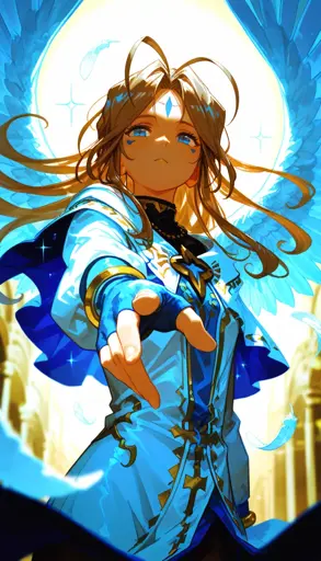 A young woman with long, flowing brown hair and large white wings. She is dressed in a detailed, ornate blue and white robe with gold accents and a high collar. Her expression is stern and determined, with a slight frown, pointing forward with her right hand. The background is bright, glowing with sparkles, and there are tall, golden arches in the distance. 