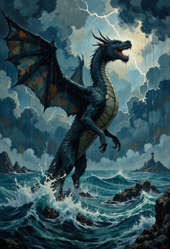 A large dragon standing in the middle of a turbulent ocean, roaring with its mouth wide open, showing its sharp teeth and red eyes. The dragon has dark blue scales and large wings with orange patches. The setting is a stormy scene with dark clouds, heavy rain, and lightning striking in the background. The ocean waves are crashing against rocks, adding to the dramatic and intense atmosphere of the scene. 