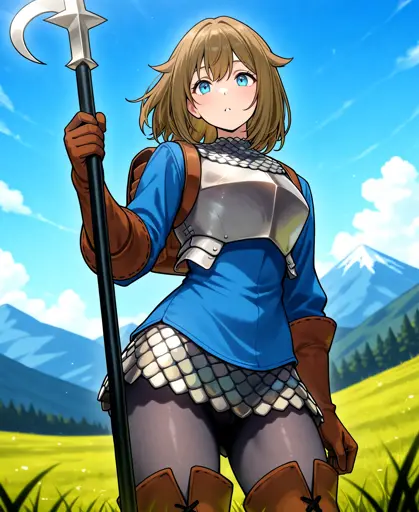 A young woman with blue eyes and brown hair standing in a mountainous landscape. She is dressed in a blue tunic with a high collar, complemented by a silver breastplate, gray scale mail that covers her neck and waist, dark brown leather gloves, gray stockings, and knee-high boots. In her left hand, she holds a spear with a crescent moon-shaped tip, while her right hand rests by her hip. The background features a blue sky with scattered white clouds and a range of snow-capped mountains in the distance, with a green field and a forest of trees. 