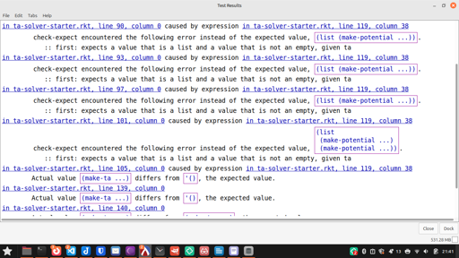 Actual value (make-ta ...) differs from (make-ta ...), the expected value.