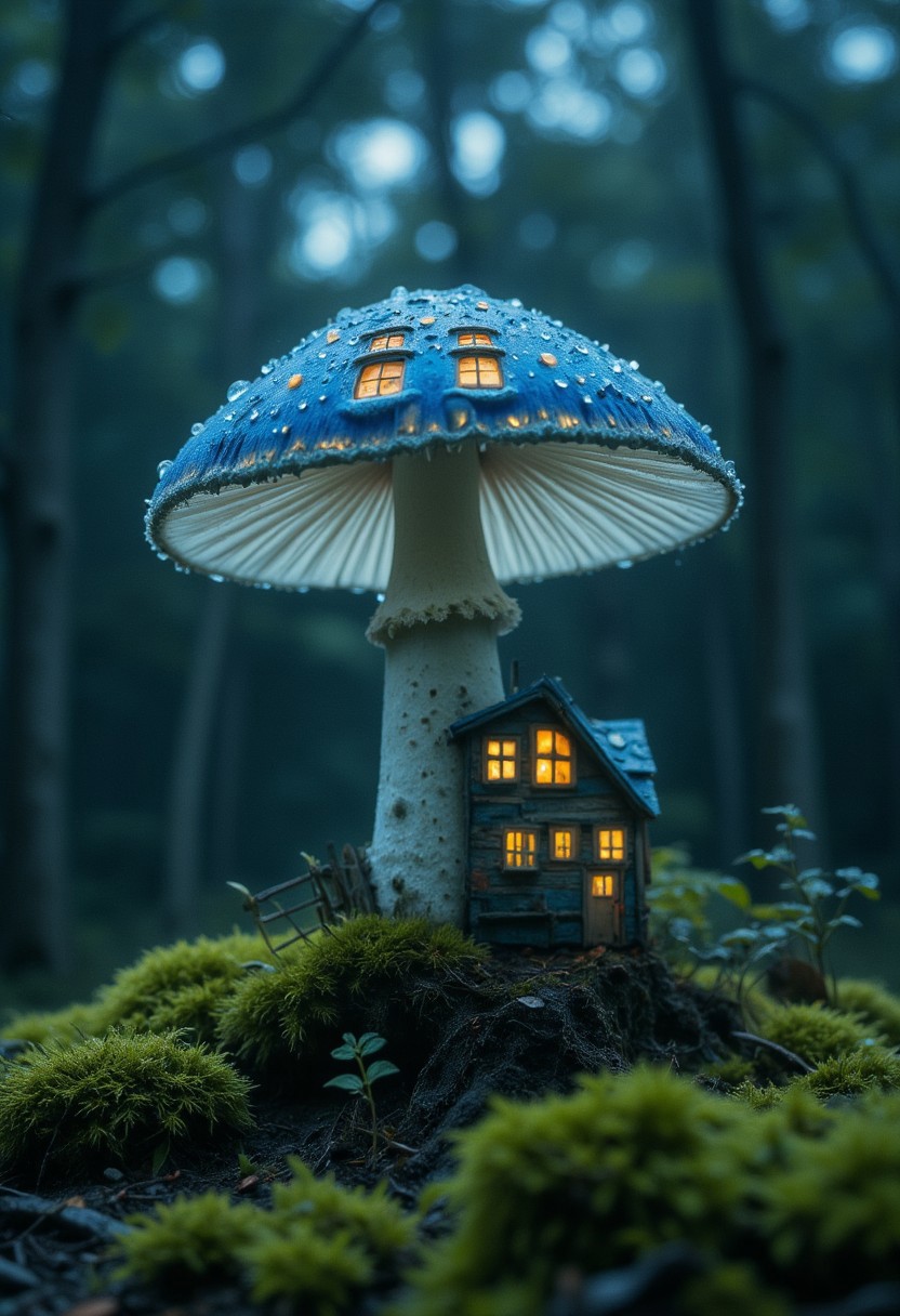 A tiny, quaint house with lit windows nestled at the base of a mushroom. The mushroom cap, dotted with white specks, overhangs the house like a protective umbrella and is adorned with tiny glowing windows. The background is a twilight forest, with the house surrounded by lush green moss and smaller green plants