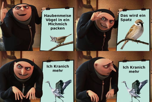 Gru's genialer Plan: Haubenmeise Vögel in ein Michmich packen. Das wird ein Spatz. Ich Kranich mehr. Ich Kranich mehr.
