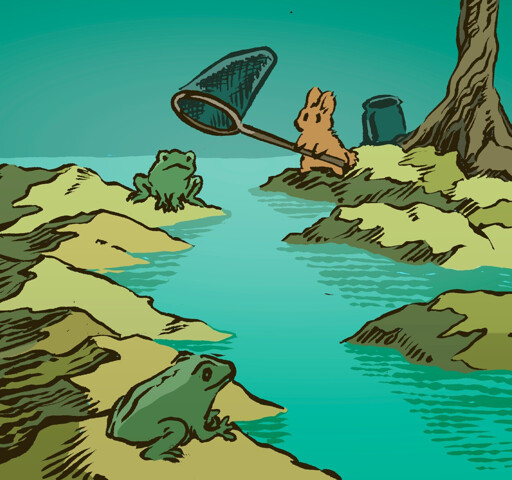 A bunny throws a bug-catching net over an unsuspecting frog. They are at a muddy pond. There is also a jar next to the bunny.