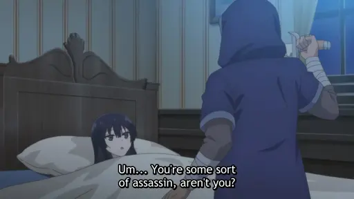 Female protagonist lying in bed, looking up onto a hooded person with a raised knife in-hand, asking them whether they are an assassin