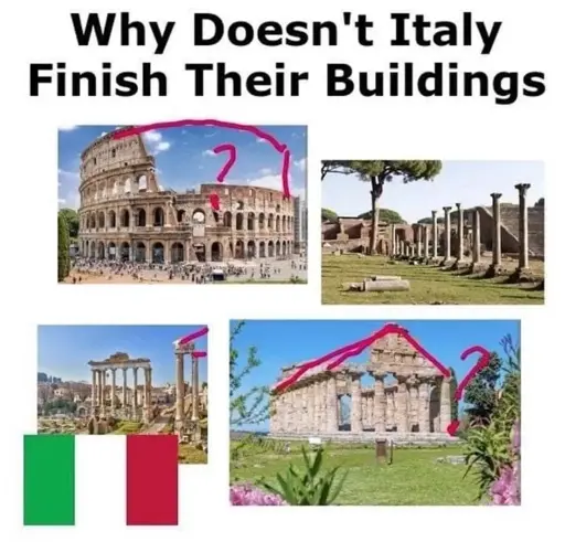 Four images of various ruins of presumably Italian buildings, with pink outlines that would "complete" the building. Above all the images is black text reading "Why Doesn't Italy Finish Their Buildings"