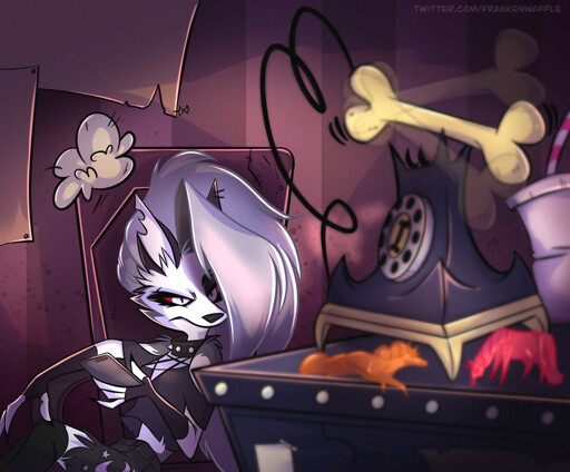 Loona, reading her phone, being *very* annoyed by her work phone.