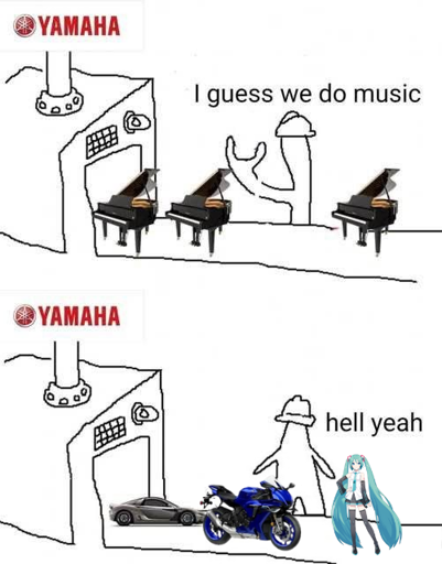 the "circle in the triangle; guess we doing circles now" meme but with Yamaha company logo and "I guess we doing music" next to a bunch of pianos then "hell yeah" next to a supercar, motorcycle, and Hatsune Miku 