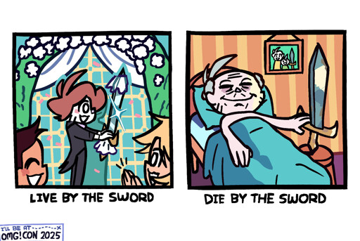 Panel 1: It's Shen at a wedding altar, getting married to a sword. The sword has a little wedding dress on. An audience member in the foreground is clapping. Text below reads "live by the sword".  Panel 2: A far older Shen, 50 years down the line, lays in bed, a big smile on his face. The sword is on a stool by the bed, upright like a sitting person, as Shen gently rests his head on its handle. On the wall is a photo of Shen, the sword, and their son, a human with a sword sticking out of his forehead like Chainsaw Man. Text below reads "die by the sword".