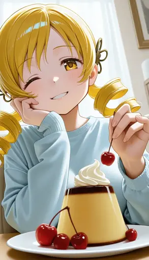 A low angle shot of a girl with light blonde hair styled in twin curled pigtails with black hair ties, golden eyes, and a playful, mischievous smile, winking with her right eye. She is wearing a light blue, long-sleeved shirt. The girl is seated at a table with a plate of a creamy dessert topped with a dollop of whipped cream and a few red cherries. She is holding one of the cherries in her right hand, poised as if to eat it. The background is softly lit with warm light, suggesting a cozy indoor setting.