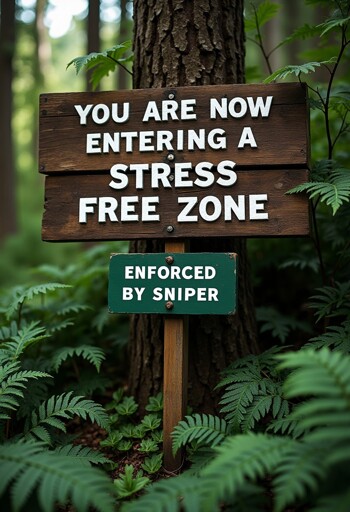 An image showing a wooden sign attached to a tree in a forest reading, "YOU ARE NOW ENTERING A STRESS FREE ZONE" in white capital letters. Below this, a smaller green sign states, "ENFORCED BY SNIPER". The background features lush green foliage and ferns, adding to the natural and serene environment. 
