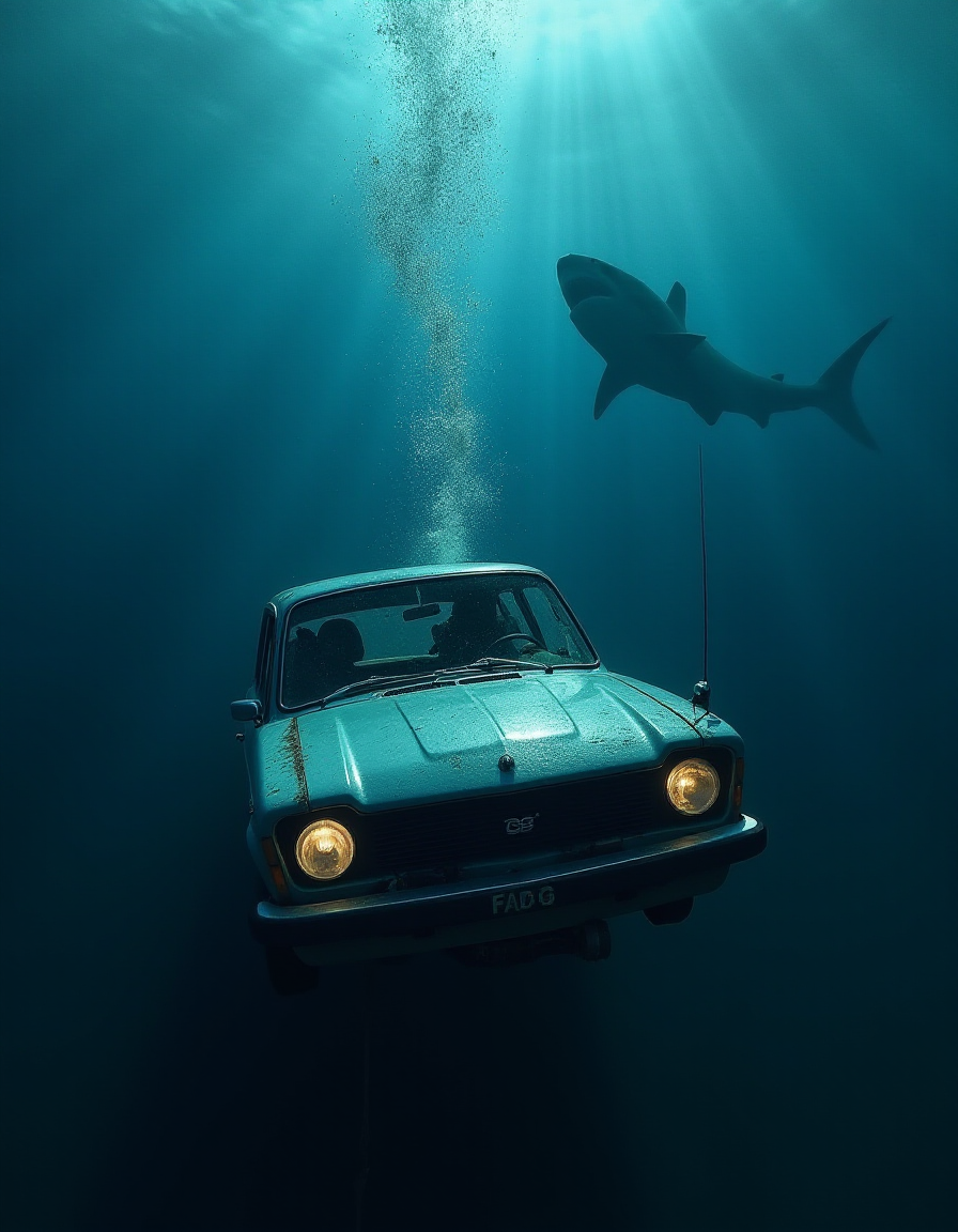 A vintage blue car submerged underwater with its headlights on. Above the car, a large shark is silhouetted against a lighter blue background where beams of sunlight still penetrate the water from above. Bubbles are rising from the car towards the surface, suggesting recent submersion. 