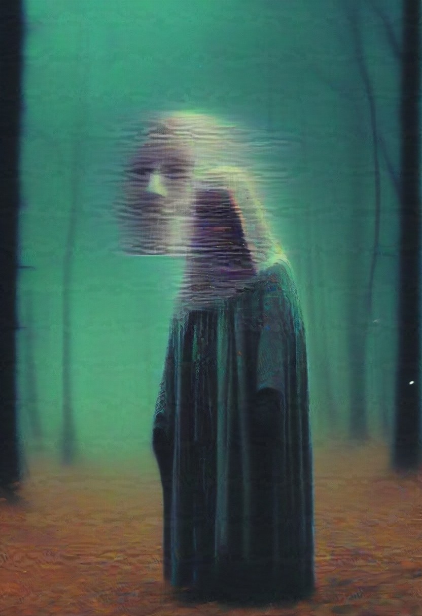 A figure wearing a long, hooded dark robe standing in a forest with a distorted face ghostly floating in front of it. The setting is characterized by muted green and blue foggy conditions and a forest floor covered in orange fallen leaves. The figure is that adds to the spectral quality of the image.