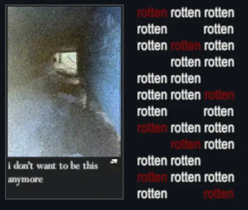 "rotten" written repeatedly in white and red text on a black background beside an image of a tunnel with the caption "i don't want to be this anymore"