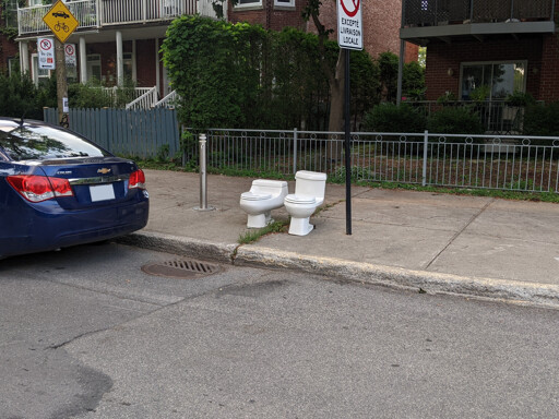 Two intact toilets stand on the curb