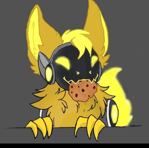 Yellow protogen holds a cookie in their mouth