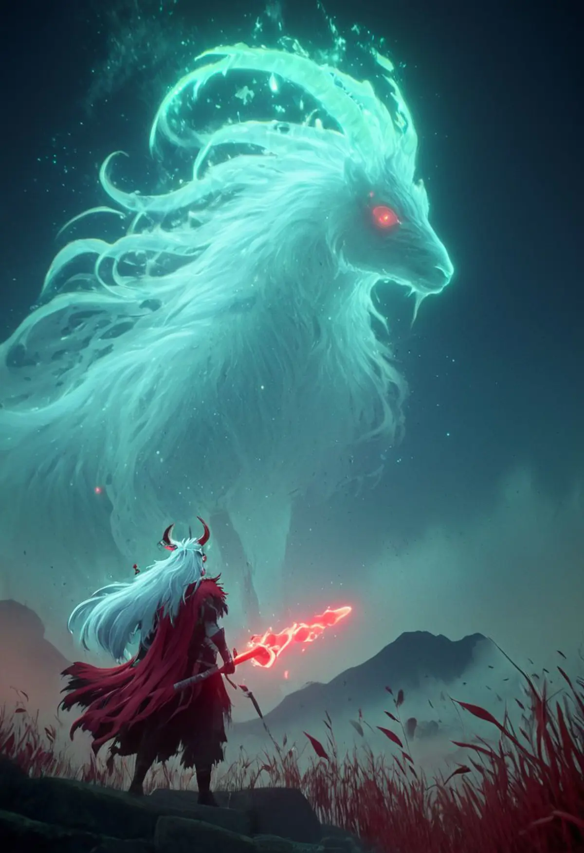 A silent confrontation between a figure clad in a red cloak and a towering, ethereal creature. The creature, resembling a goat with majestic, swirling horns, emits a soft glow, contrasting with its piercing red eyes that match the glowing red weapon held by the cloaked figure. The backdrop is of a night sky and silhouetted misty mountains, with tall grasses gently swaying in the foreground. 