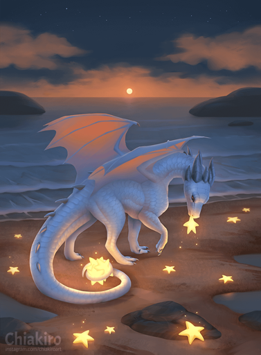 A silver-bluish coloured dragon picking up five pointed stars from the beach, the stars are glowing a bright slightly pale yellow. The sun is setting low on the horizon and the red-orange glow is shining through their wings.