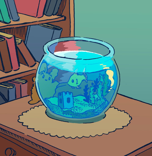 A bunny looks into a round fishbowl, staring at a single goldfish swimming amidst some decorations. They are on a small desk in a living room somewhere