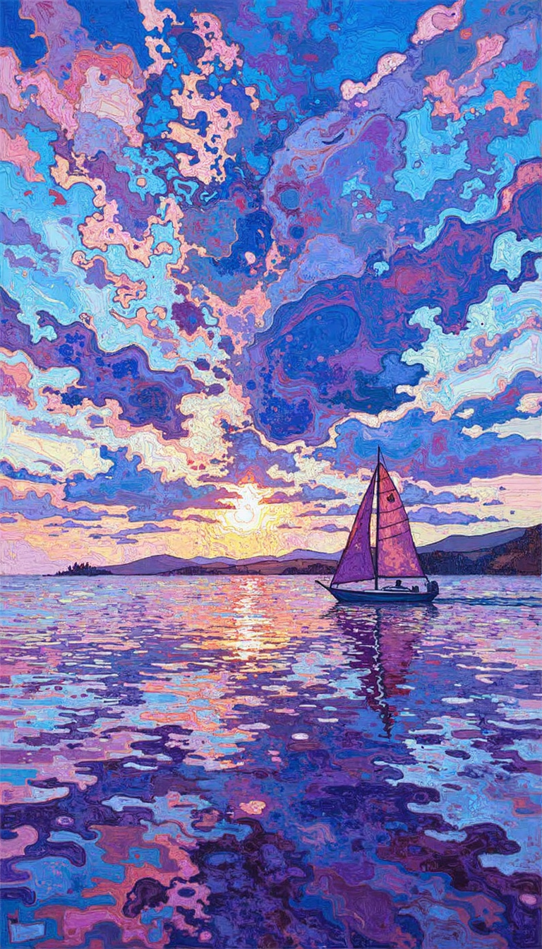 A colorful painting depicting a sailboat on a calm body of water during sunset. The sky is filled with swirling, abstract clouds in shades of blue, purple, and pink, reflecting beautifully on the water's surface. 